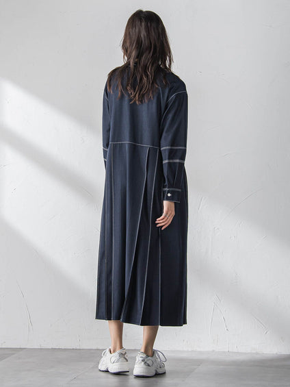 配色ステッチシャンブレーサイドプリーツワンピース≪手洗い可能≫