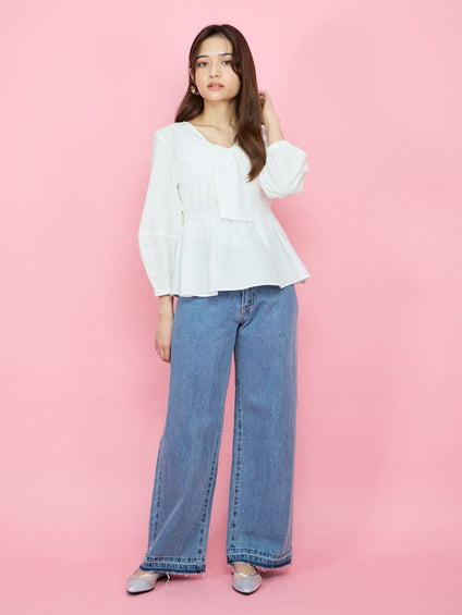 紐ベルト付デニムワイドパンツ≪手洗い可能≫