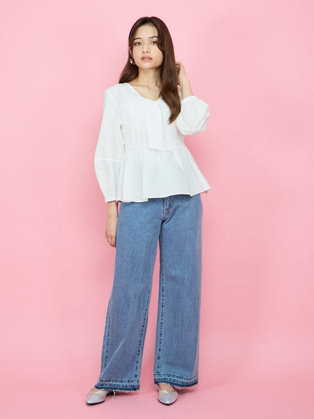 紐ベルト付デニムワイドパンツ≪手洗い可能≫