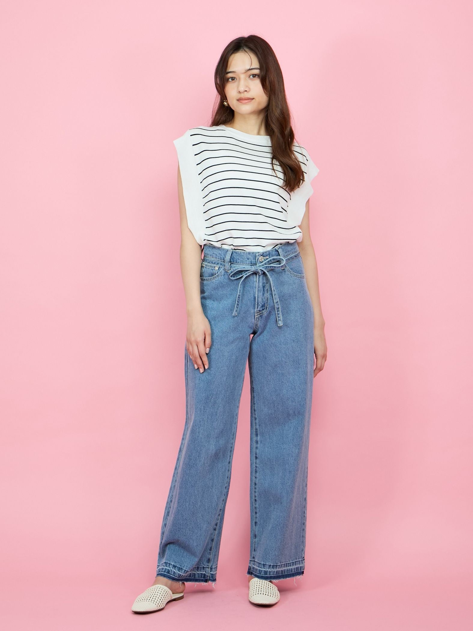 紐ベルト付デニムワイドパンツ≪手洗い可能≫