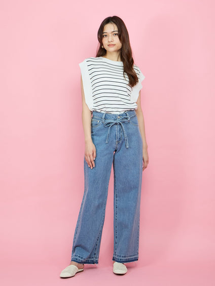 紐ベルト付デニムワイドパンツ≪手洗い可能≫