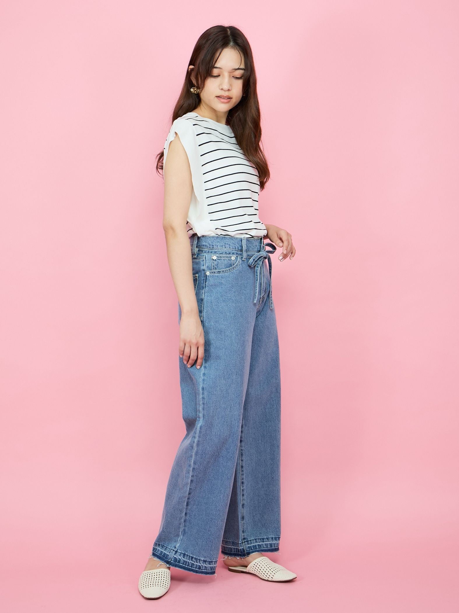 紐ベルト付デニムワイドパンツ≪手洗い可能≫