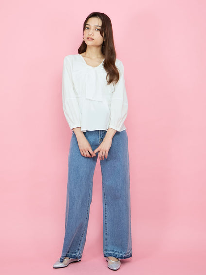 紐ベルト付デニムワイドパンツ≪手洗い可能≫