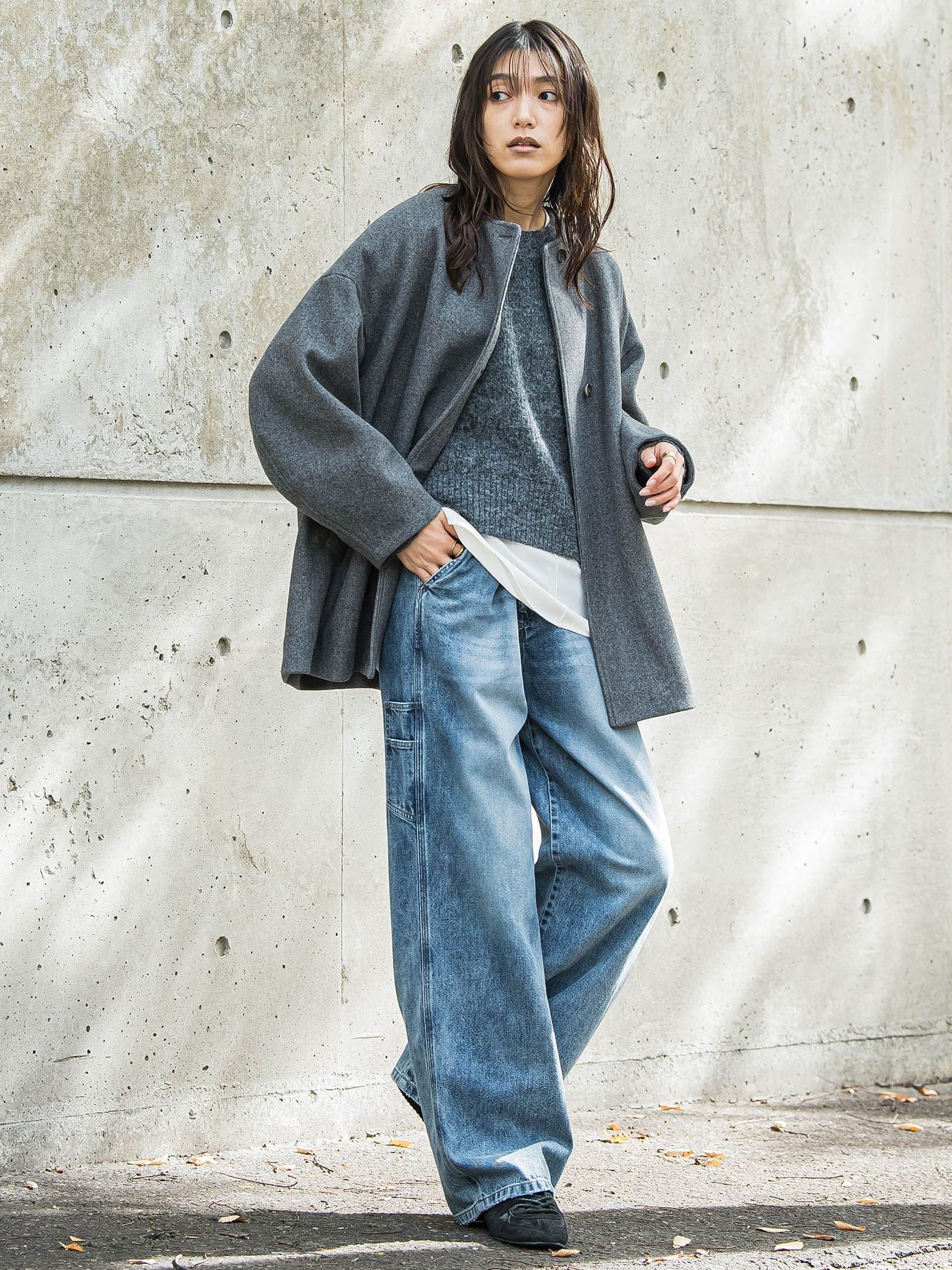 ライトジャージメルトンノーカラーミドルコート