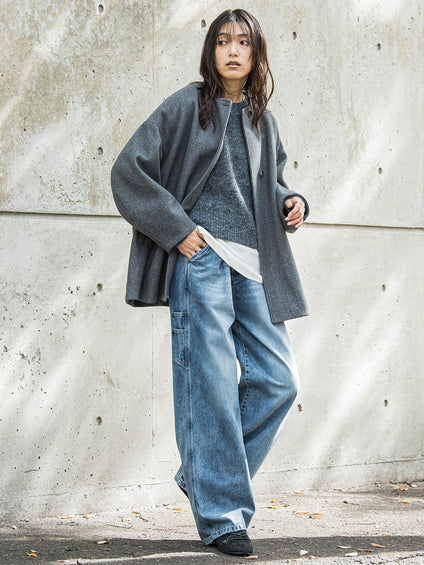 ライトジャージメルトンノーカラーミドルコート