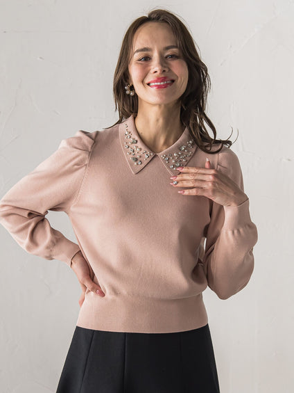 【新色追加】襟ビジューニット