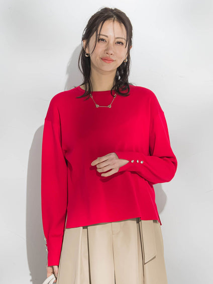 【新色追加】袖ボタンクルーネックニット ≪手洗い可能≫