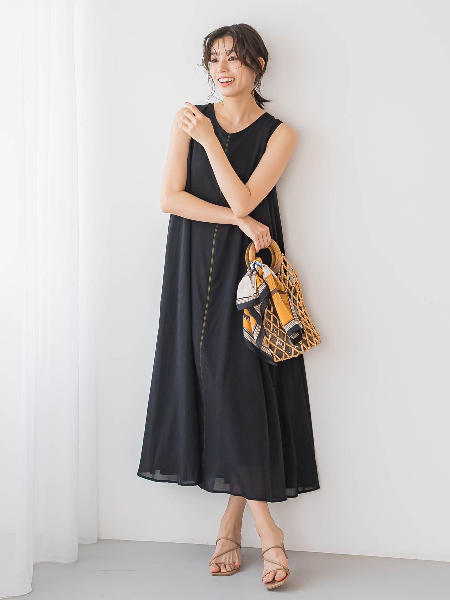 麻調シアー2WAYシャーリングワンピース≪手洗い可能≫