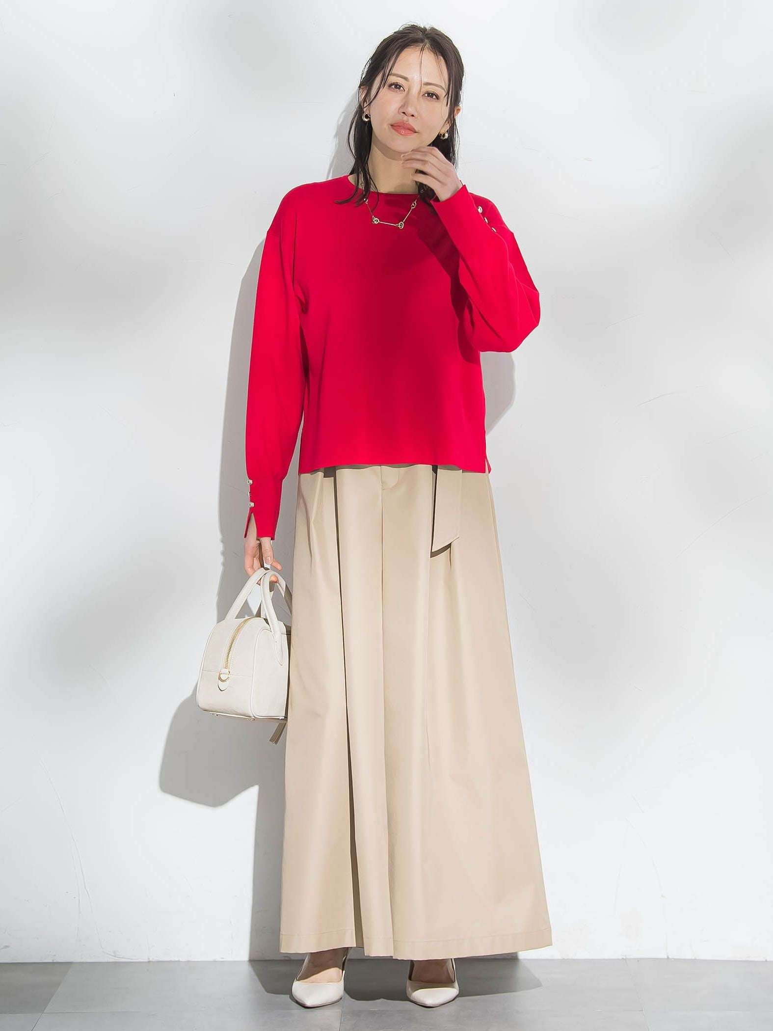 【新色追加】袖ボタンクルーネックニット ≪手洗い可能≫