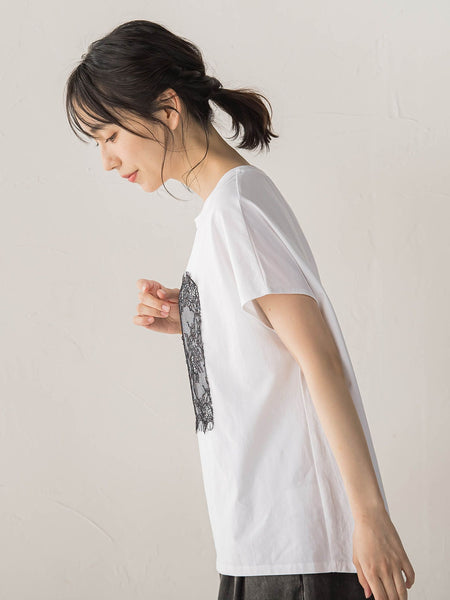 レースたたき付けプリントTシャツ