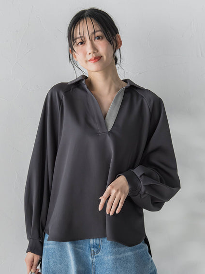 【WEB限定】パウダーストレッチ合わせネックブラウス≪手洗い可能≫