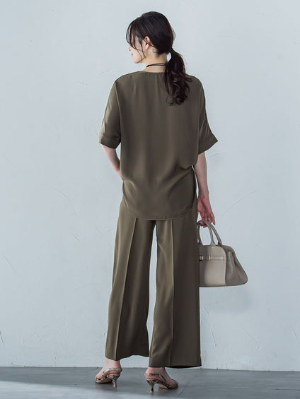 【WEB限定】サテンフィールキーネックブラウス≪セットアップ対応/洗濯機で洗える≫