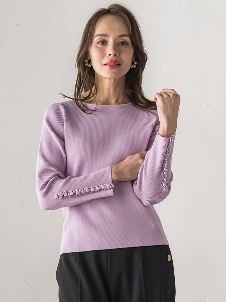 袖フリルパールリブニット