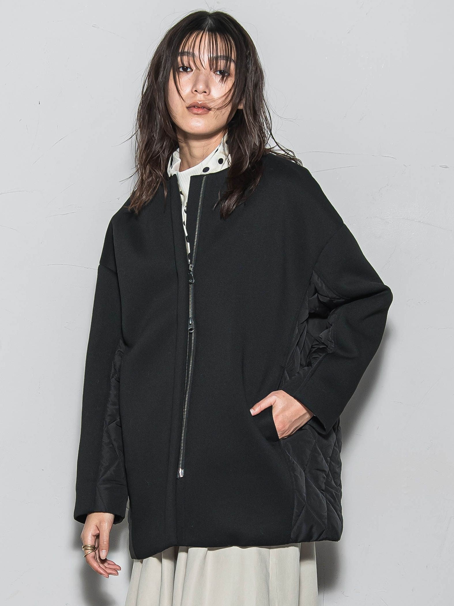 モスダンボール×中綿キルティングノーカラーコート≪手洗い可能≫