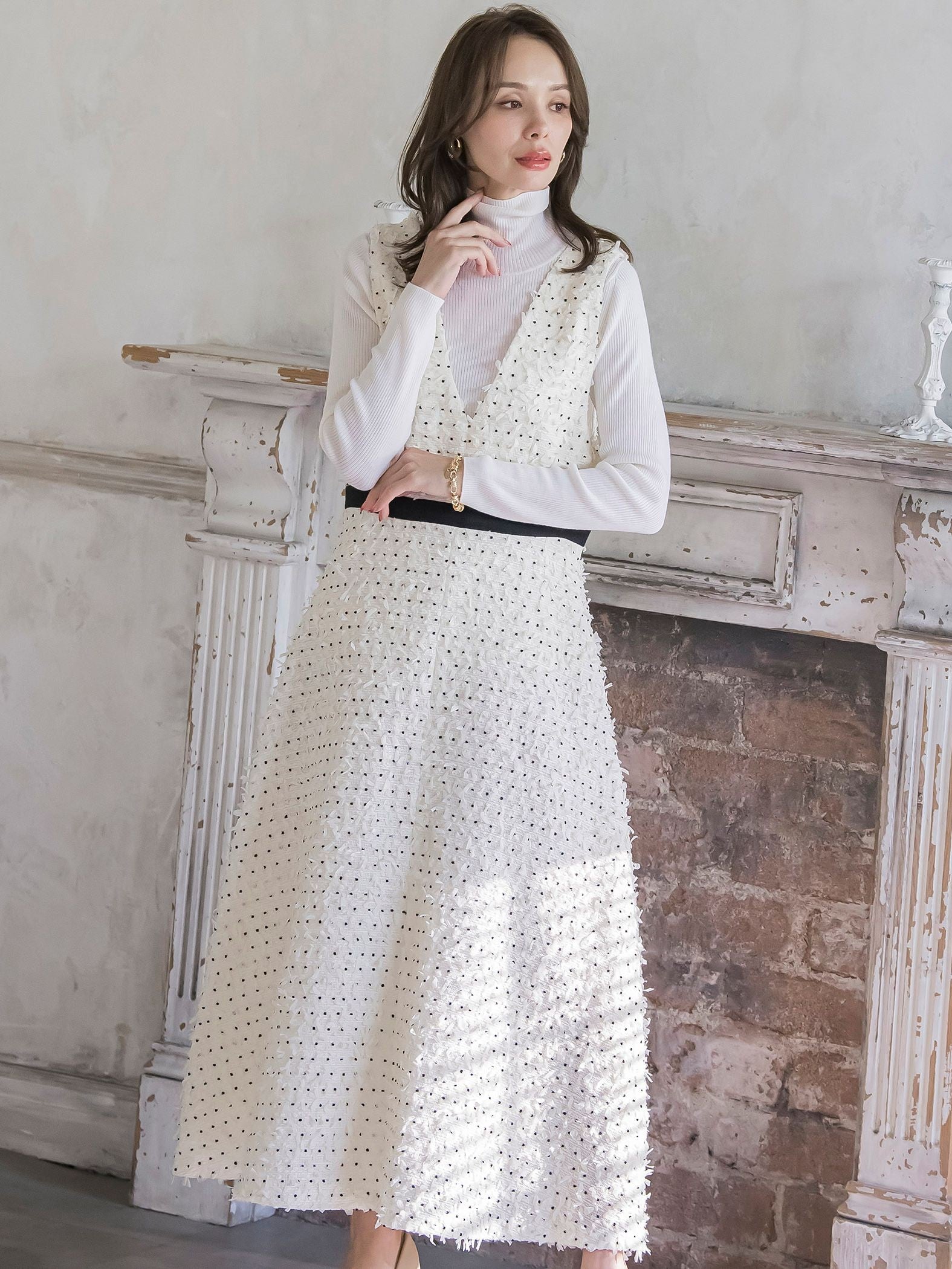 リボンドットツイードワンピース