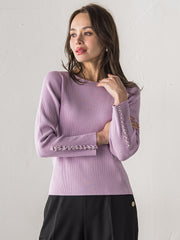 袖フリルパールリブニット