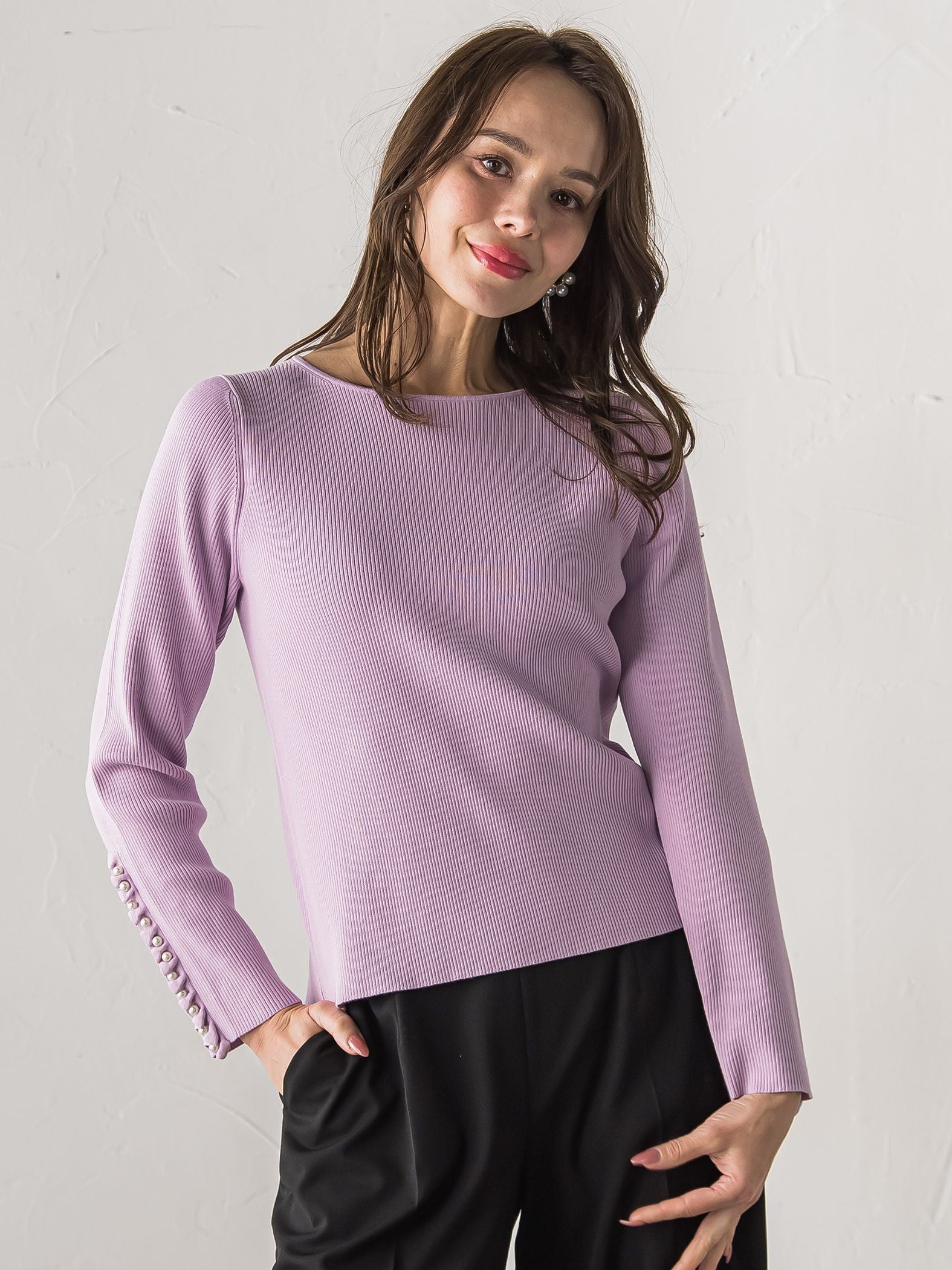 袖フリルパールリブニット