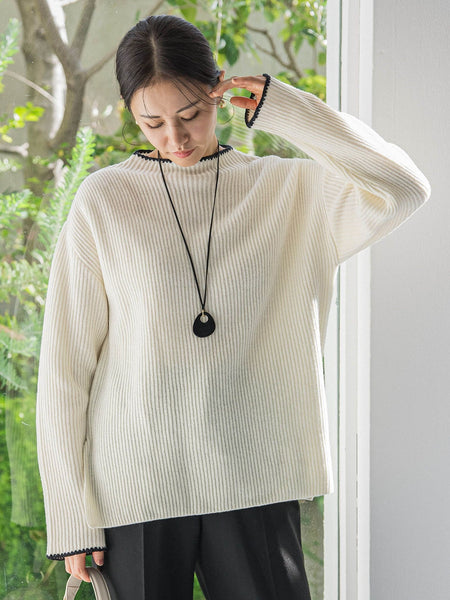 刺繍トリムハイネックニット≪洗える≫