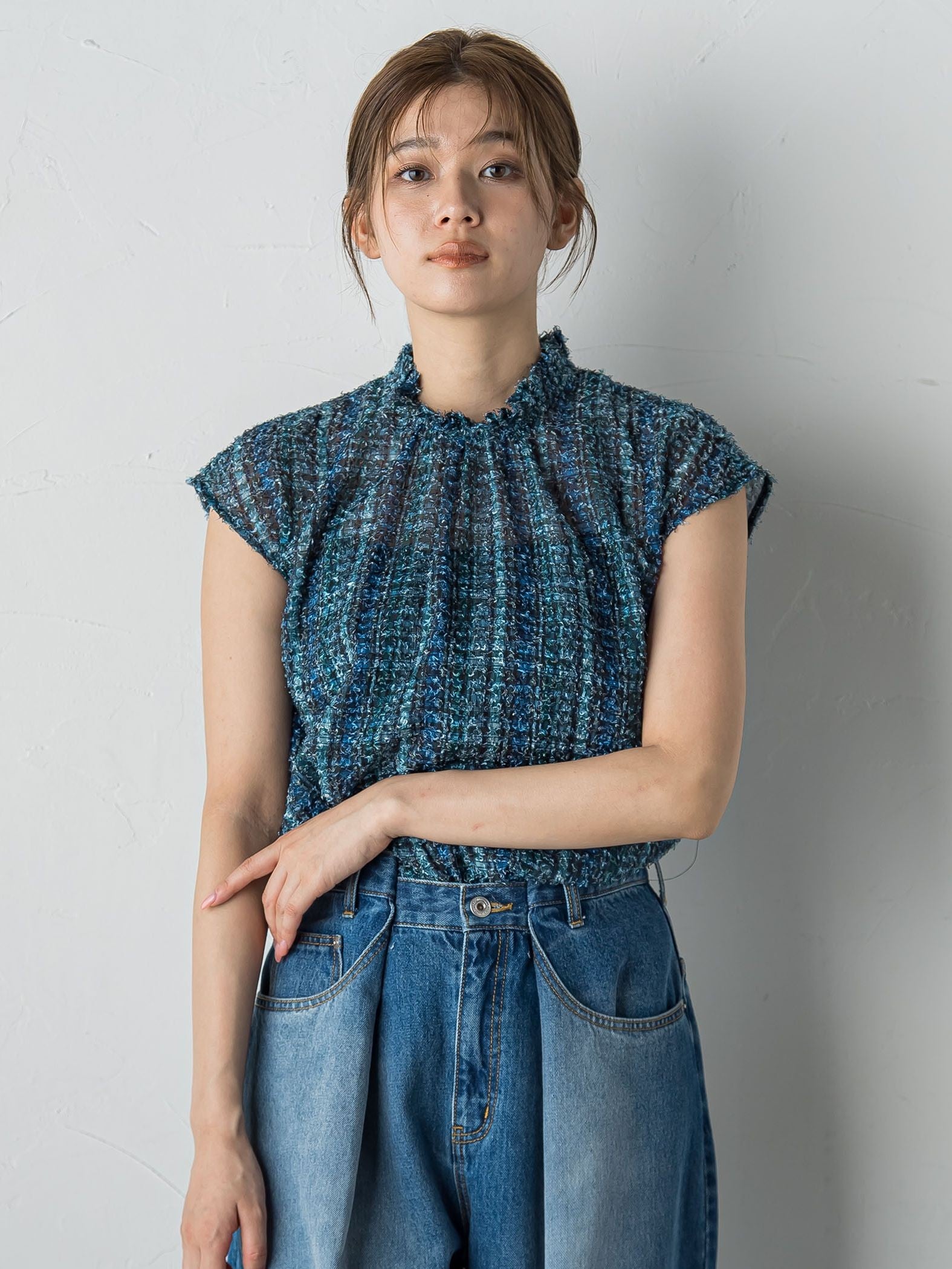 【WEB限定】カットジャガードチェックプリントブラウス
