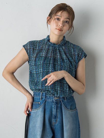【WEB限定】カットジャガードチェックプリントブラウス