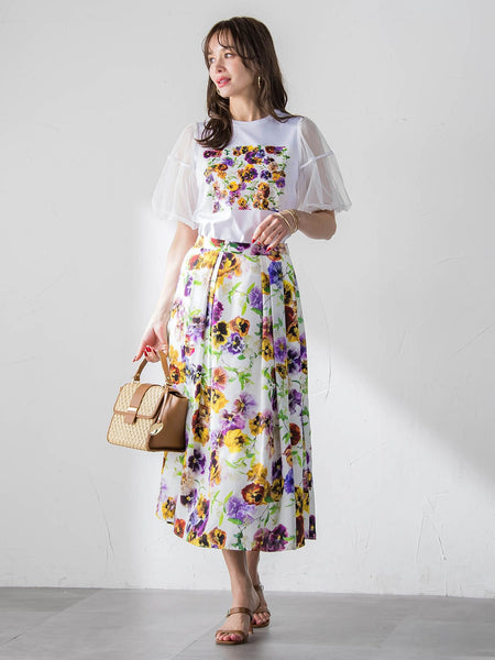 【KEITA KAWASAKI × Viaggio Bluコラボ】袖チュールプリントTシャツ