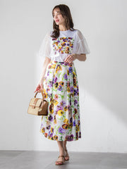 【KEITA KAWASAKI × Viaggio Bluコラボ】袖チュールプリントTシャツ