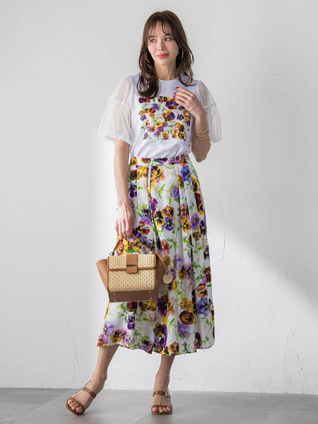 【KEITA KAWASAKI × Viaggio Bluコラボ】袖チュールプリントTシャツ