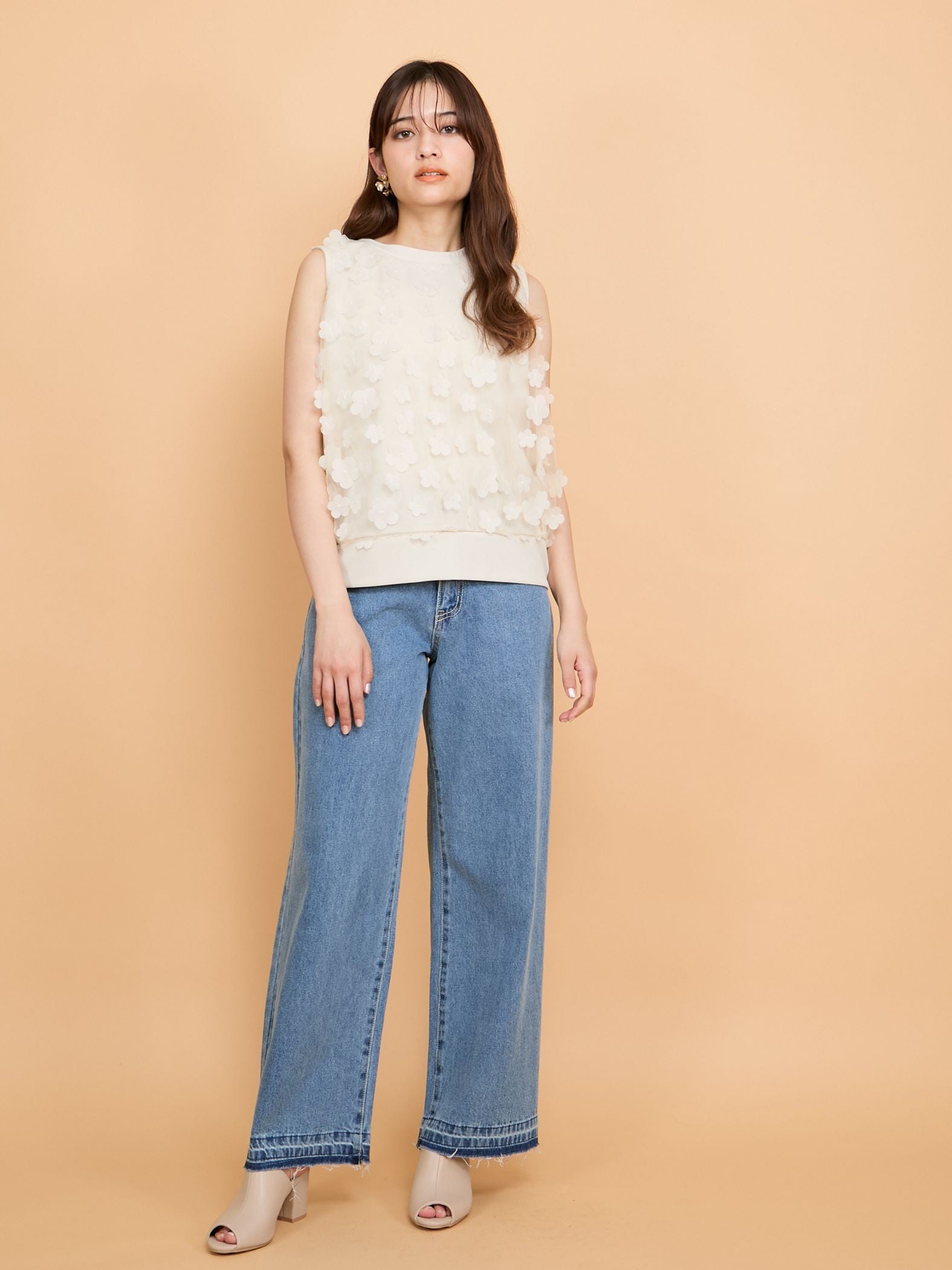 紐ベルト付デニムワイドパンツ≪手洗い可能≫