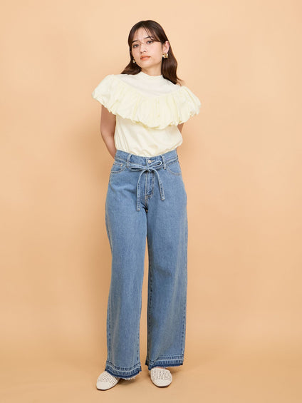 紐ベルト付デニムワイドパンツ≪手洗い可能≫