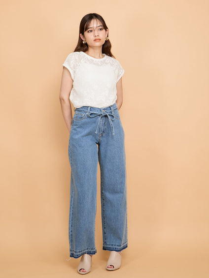 紐ベルト付デニムワイドパンツ≪手洗い可能≫