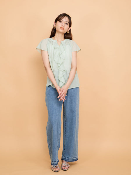 紐ベルト付デニムワイドパンツ≪手洗い可能≫