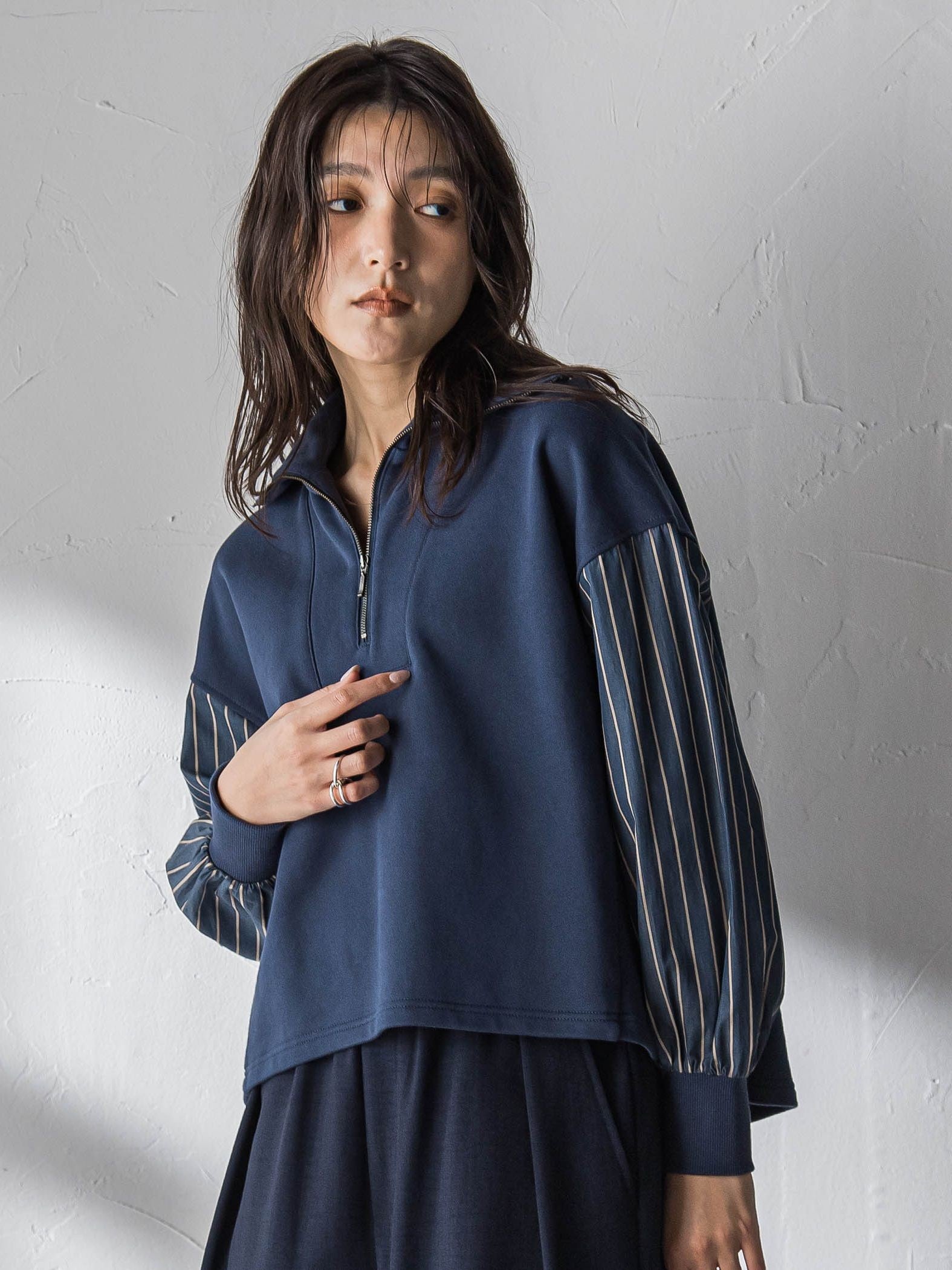 ストライプスリーブハーフジッププルオーバー≪手洗い可能≫