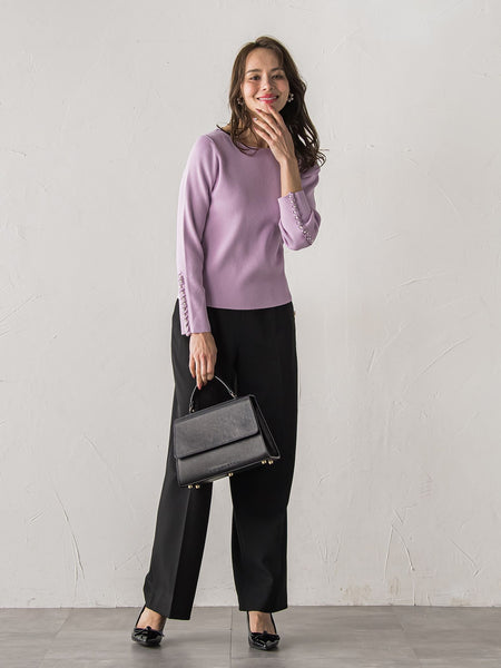 袖フリルパールリブニット