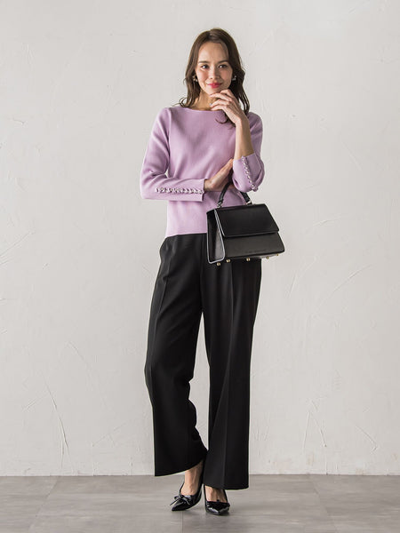 袖フリルパールリブニット