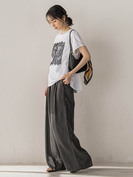 レースたたき付けプリントTシャツ