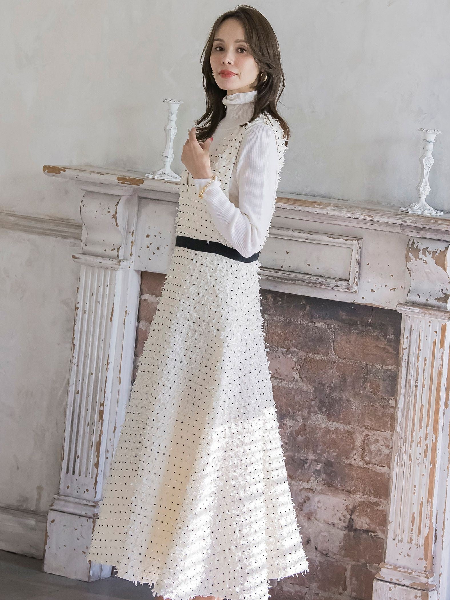 リボンドットツイードワンピース