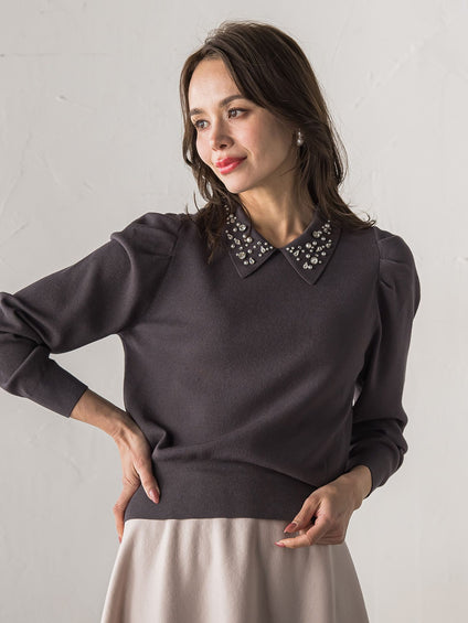 【新色追加】襟ビジューニット