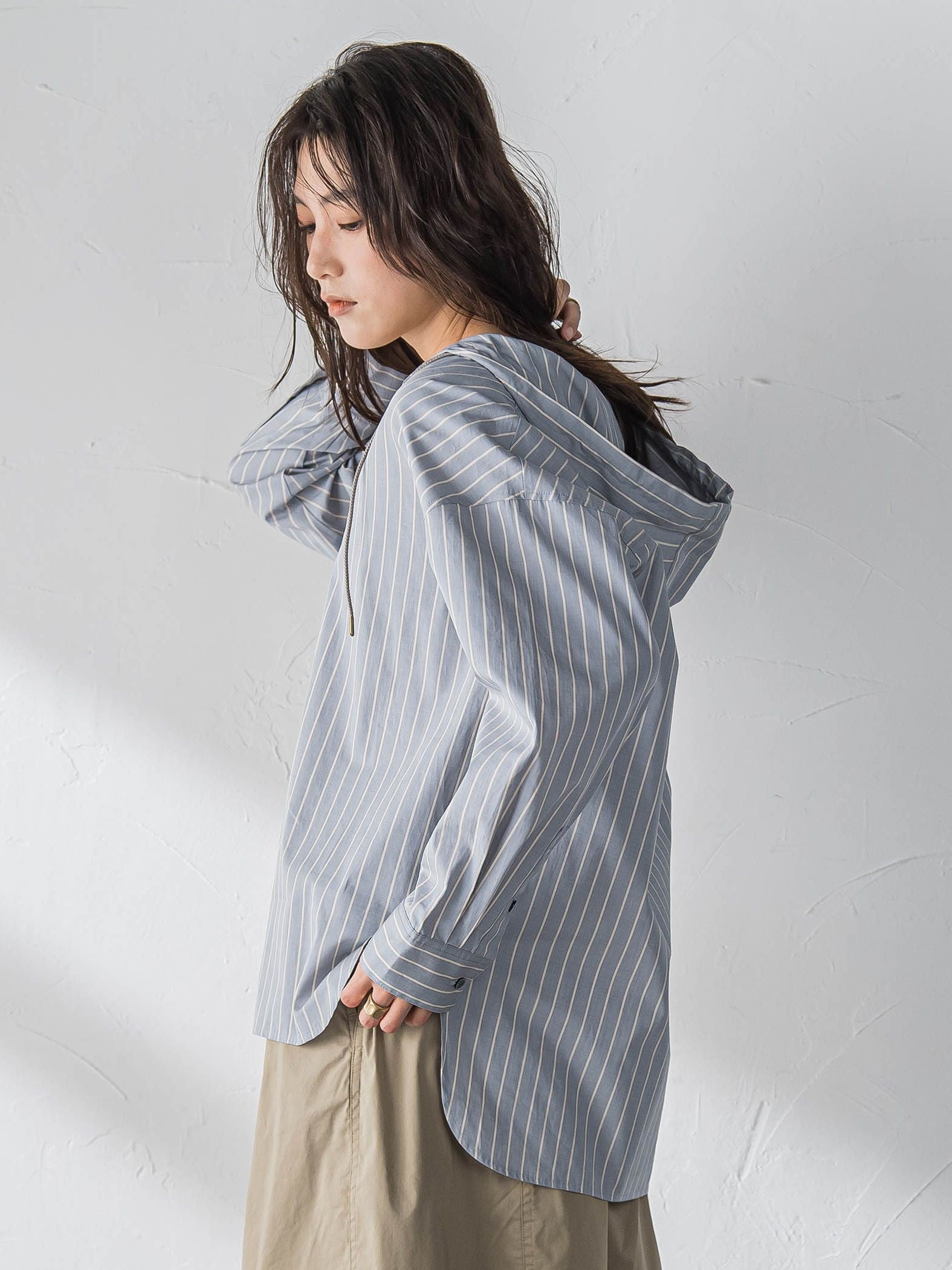 ストライプフーディオーバーシャツ≪手洗い可能≫