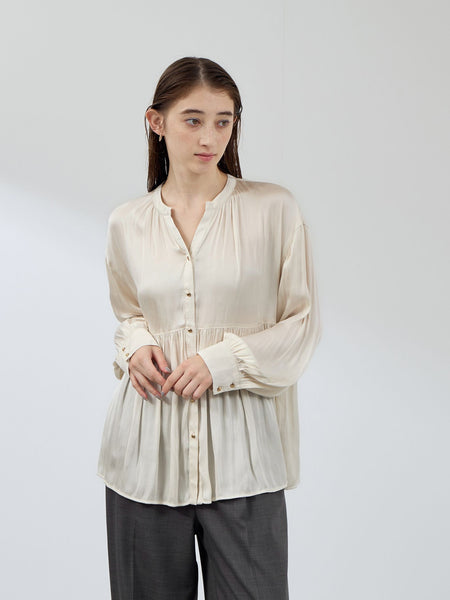 割繊サテンキーネックペプラムブラウス≪手洗い可能≫