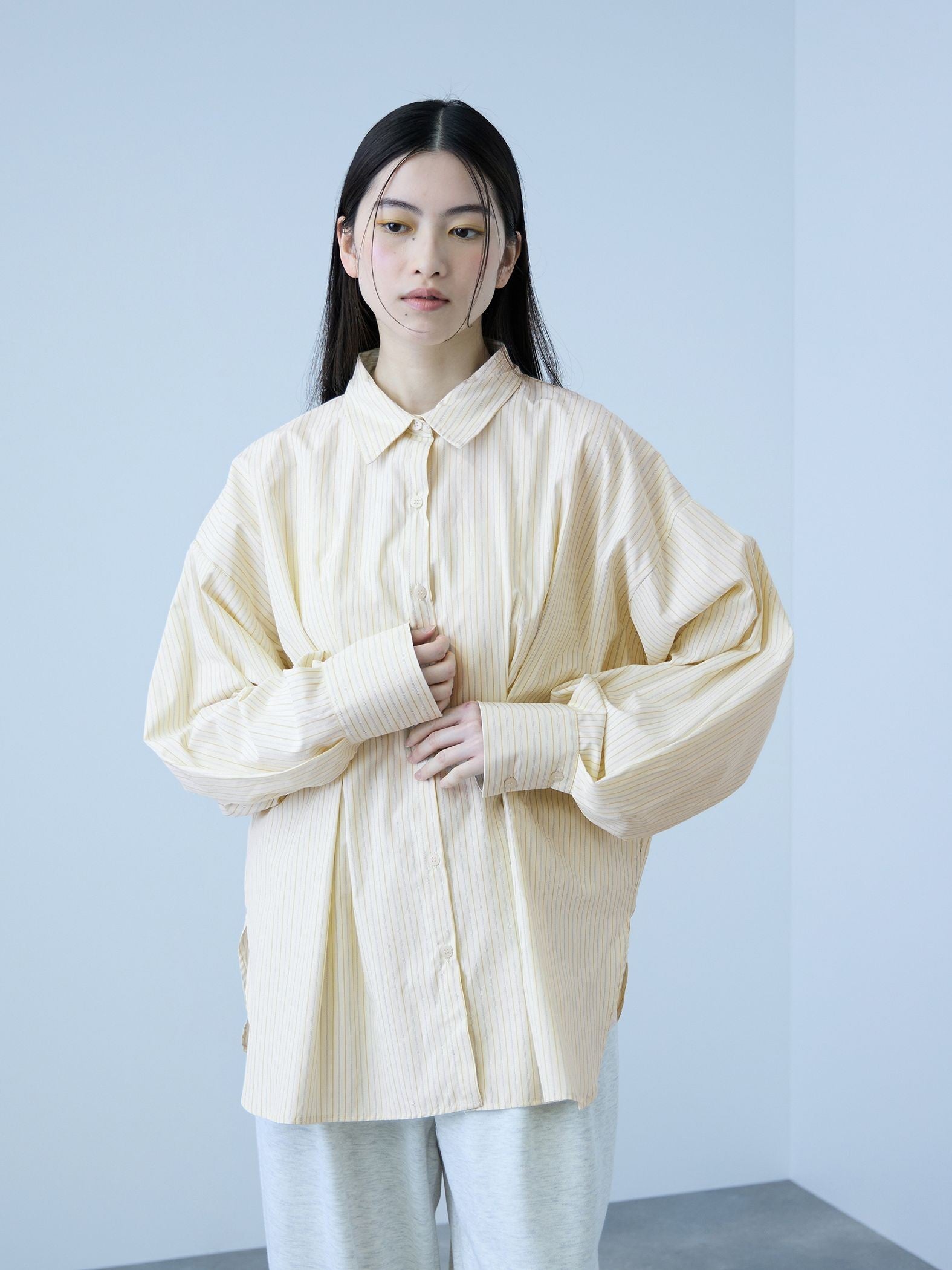 《きちんと映え》ストライプウエストタックシャツ