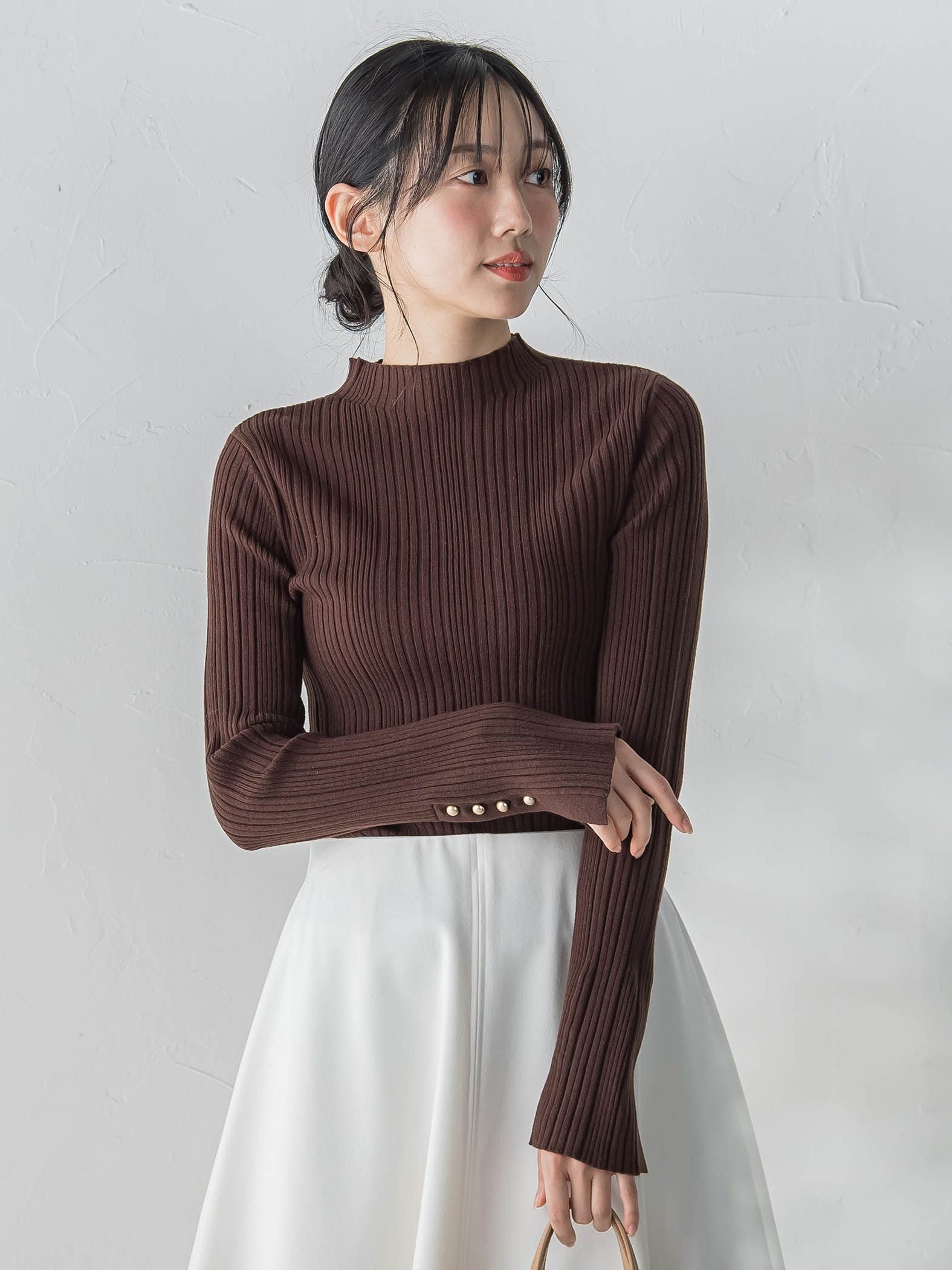 【新色追加】袖ボタンランダムリブニット≪手洗い可能≫