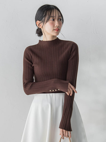 【新色追加】袖ボタンランダムリブニット≪手洗い可能≫