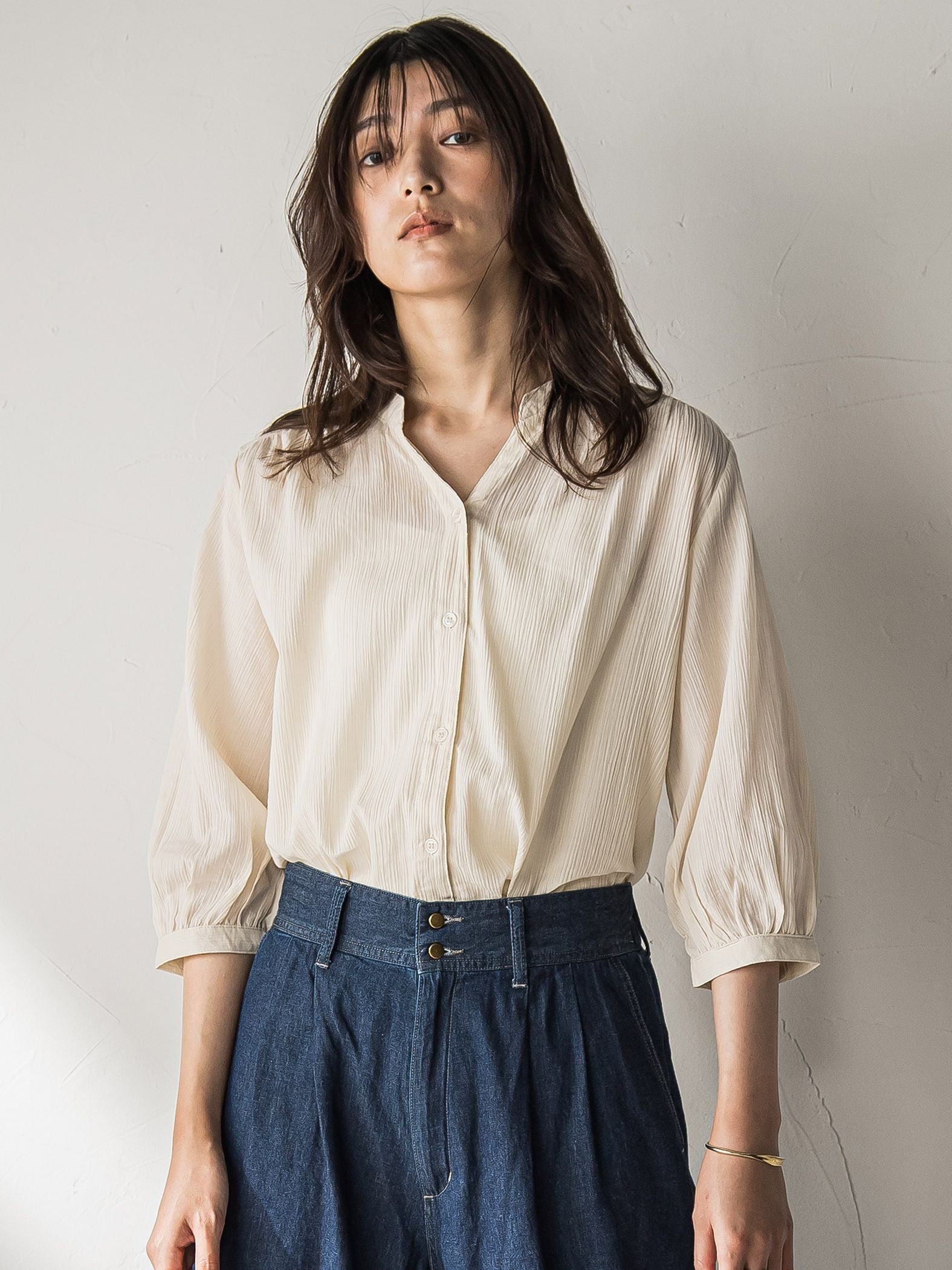 【WEB限定】バンドカラー楊柳7分袖シャツ≪洗濯機で洗える≫