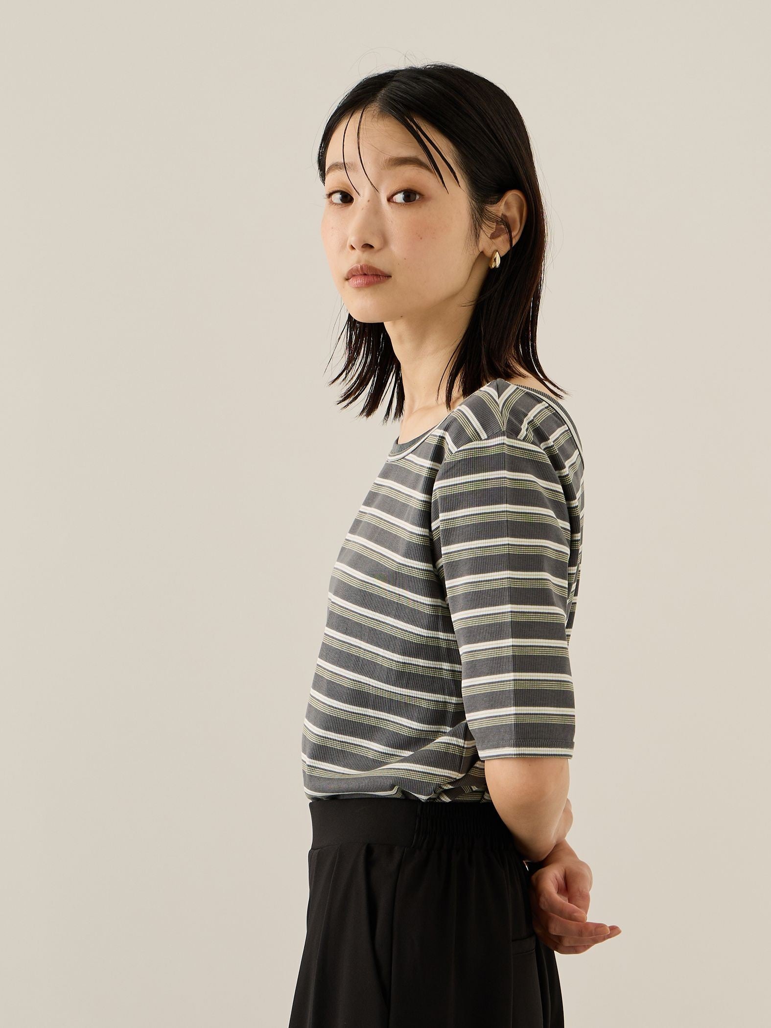 ランダムリブボーダーハーフスリーブカットソー≪手洗い可能≫