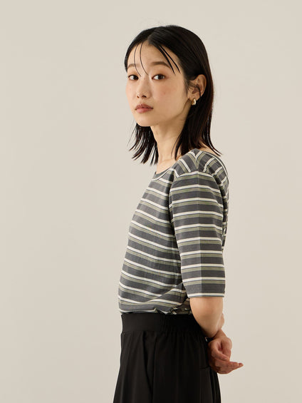 ランダムリブボーダーハーフスリーブカットソー≪手洗い可能≫