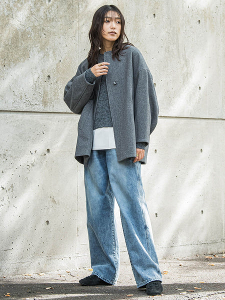 ライトジャージメルトンノーカラーミドルコート