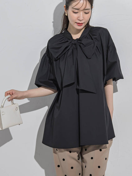 新色追加【バルーン袖がポイント】ボウタイブラウス≪洗濯機で洗える≫