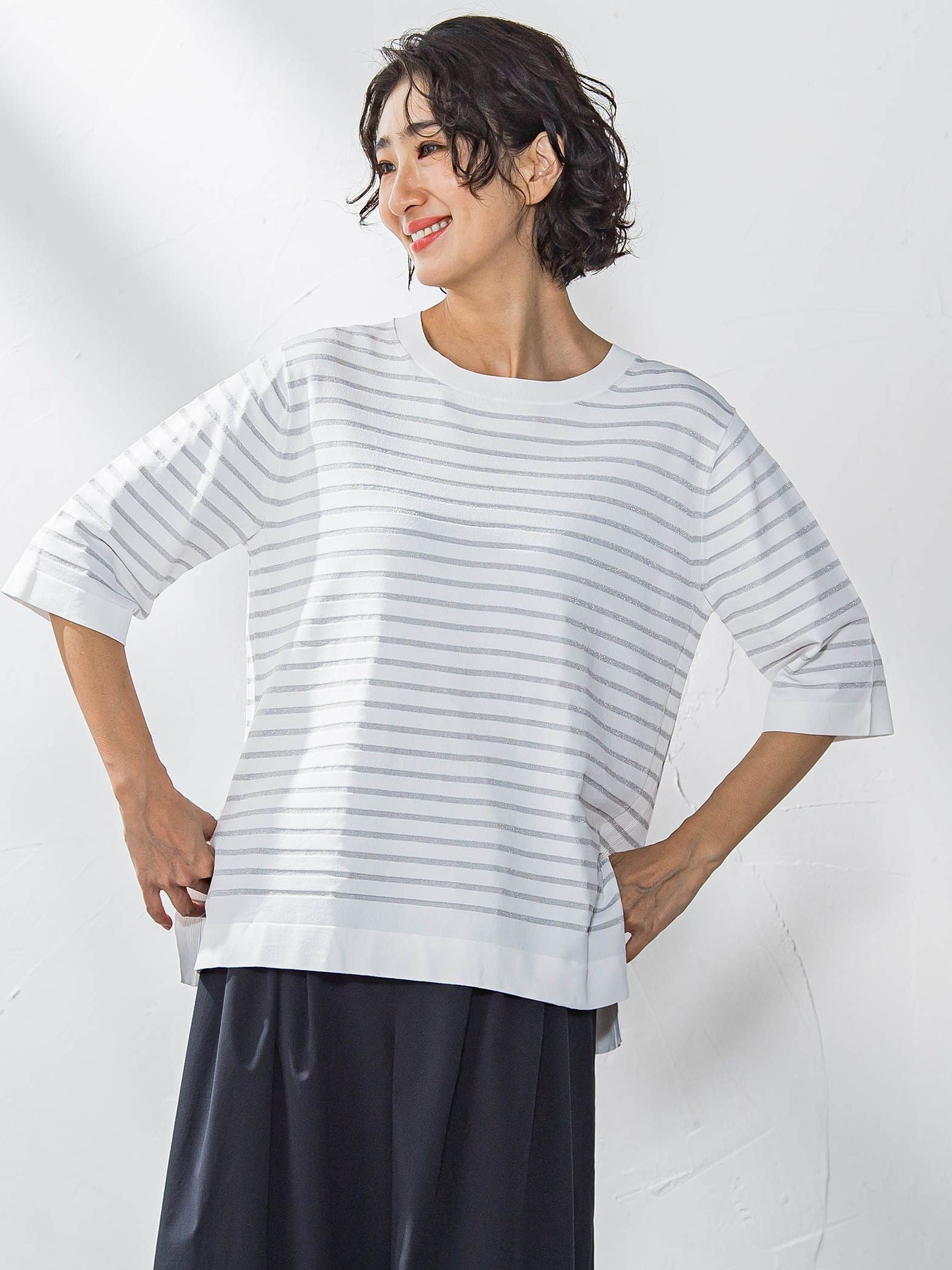 Tシャツ風ボーダーニットプルオーバー≪手洗い可能≫