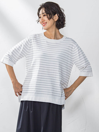 Tシャツ風ボーダーニットプルオーバー≪手洗い可能≫