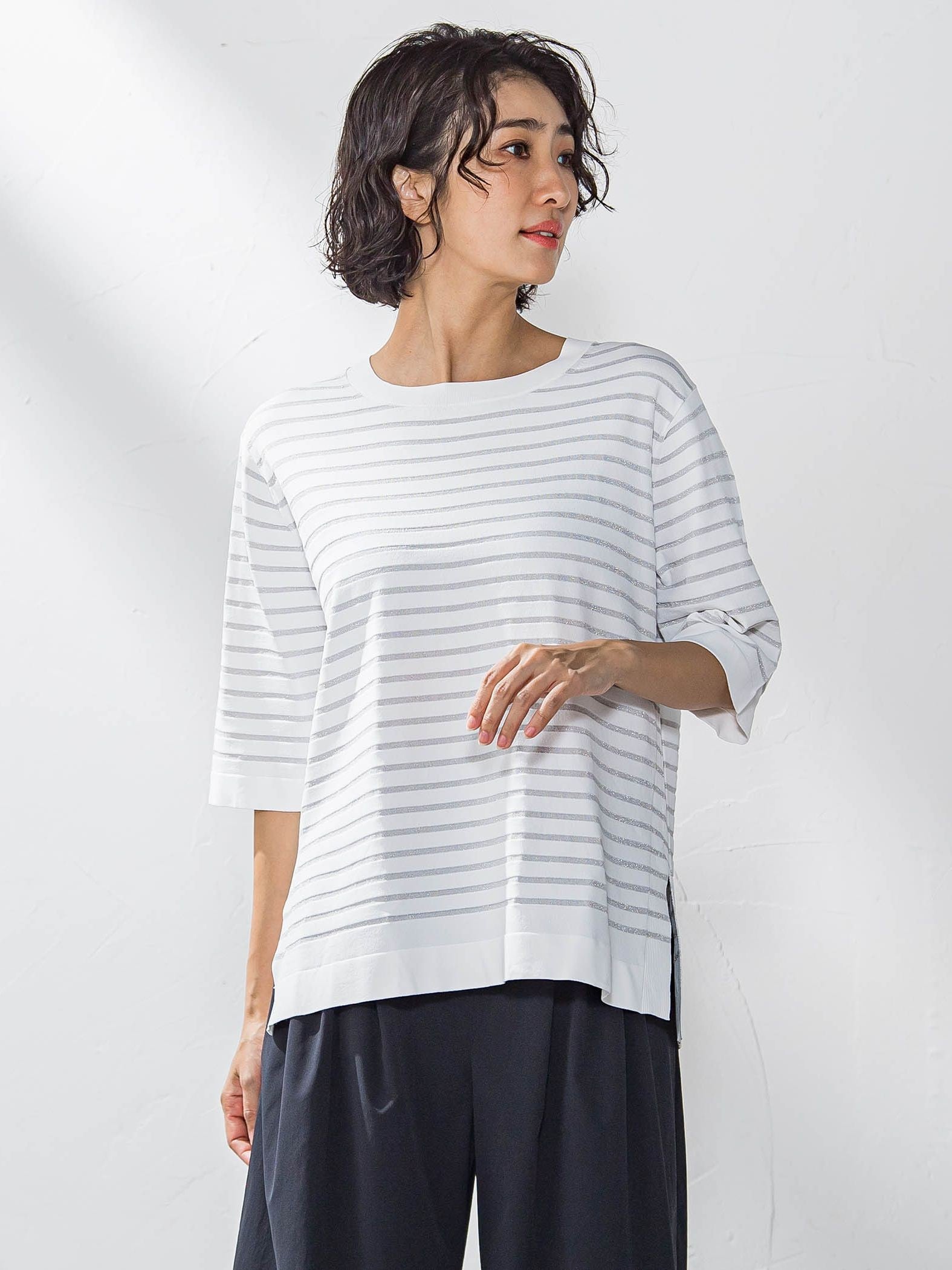 Tシャツ風ボーダーニットプルオーバー≪手洗い可能≫